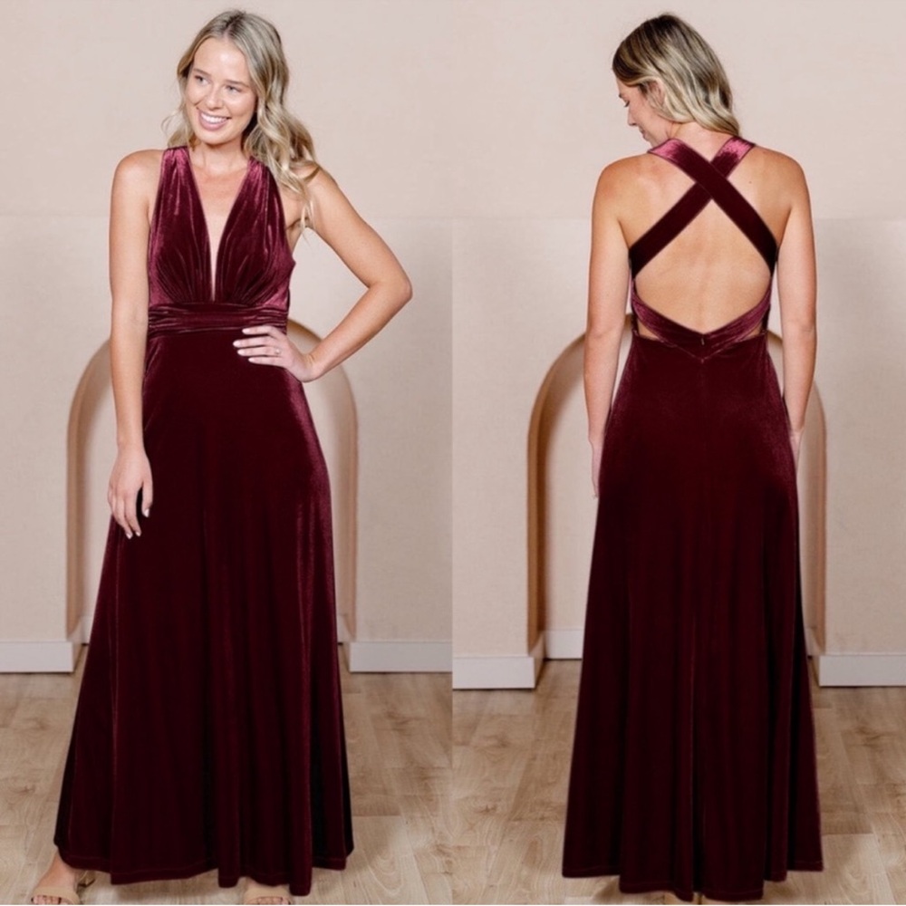 Revelry Dylan Halter Open Back Maxi Dress in Burgundy